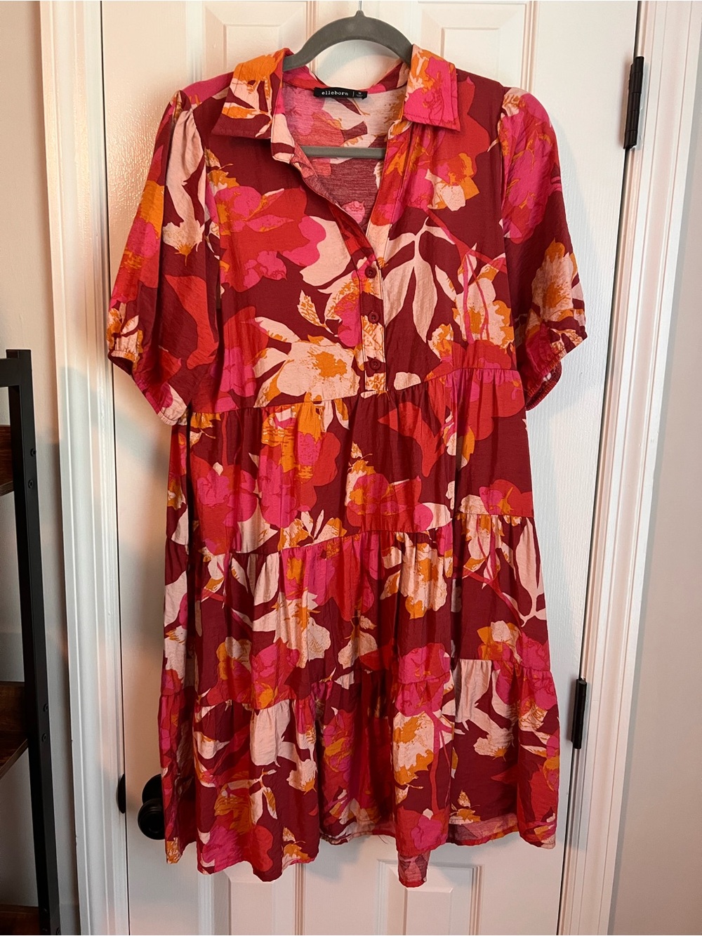 Tiered Floral Mini Dress in Burgundy and Pink